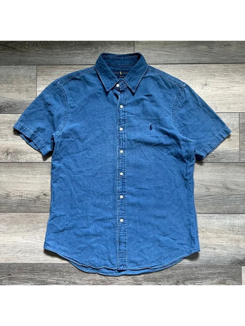 Polo Ralph Lauren Men's L Slim Fit Button Down Short Sleeve Cotton Shirt Blue